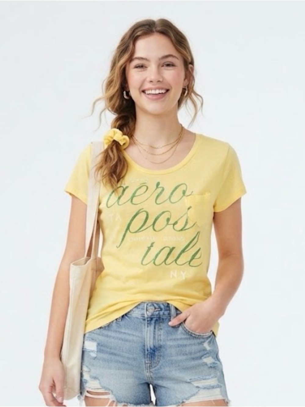 Aeropostale Yellow Green Glitter Script Logo Pocket Tee Size XL